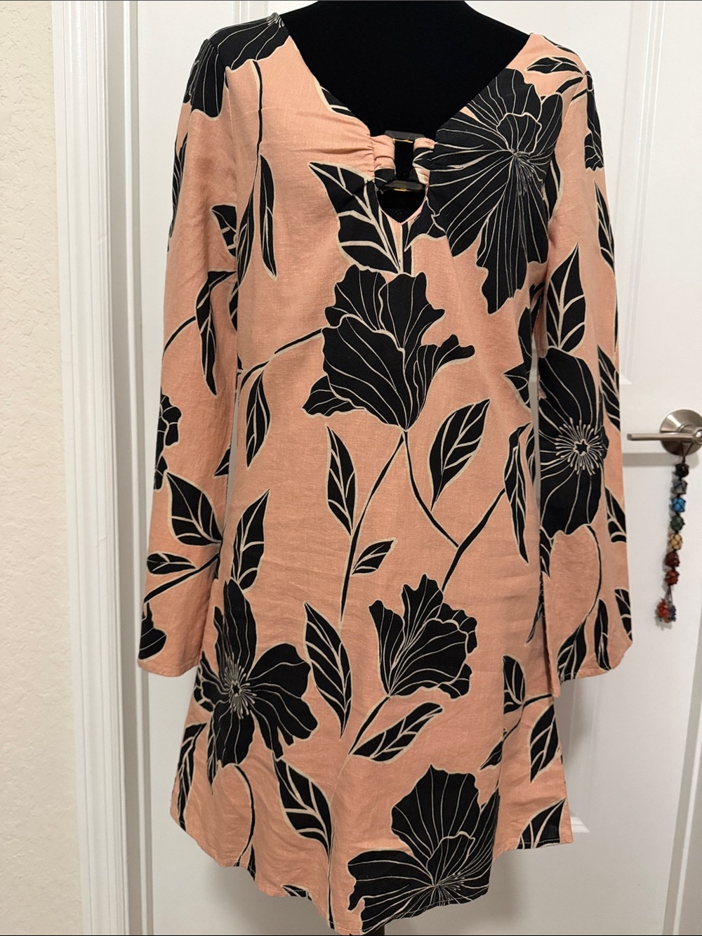 Z Supply Peach and Black Floral Long Sleeve Linen Blend Shift Dress